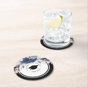 Dessous-de-verre Rond En Papier Luxe Black Gold Parties scintillant Floral Graduat