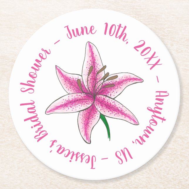 Dessous-de-verre Rond En Papier Lys rose Fleur Floral Personnalisé Mariage (Devant)
