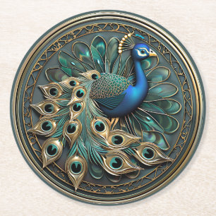 Dessous-de-verre Rond En Papier Magnifique Paon Bleu Or Turquoise Art Déco