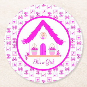 Dessous-de-verre Rond En Papier Maison rose personnalisée C'est une fille