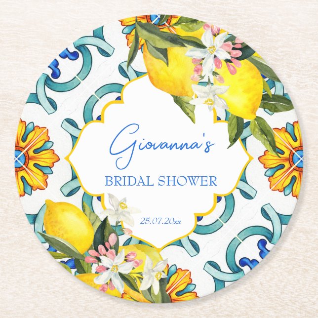 Dessous-de-verre Rond En Papier Majolica tuiles citrons douche nuptiale faveurs (Devant)