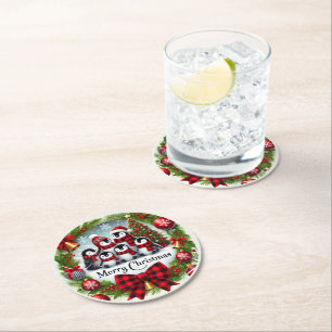 Dessous-de-verre Rond En Papier Manchot à carreaux de Noël