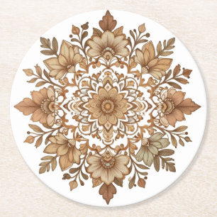 Dessous-de-verre Rond En Papier Mandala floral complexe aux tons bruns Art