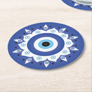Dessous-de-verre Rond En Papier Mandala Grec Mal Oeil Bleu Blanc