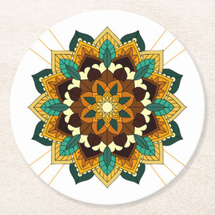 Dessous-de-verre Rond En Papier Mandala Motif 2002 en papier rond jaune et tan cac
