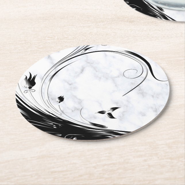 Dessous-de-verre Rond En Papier Marbre blanc, Graphique en fibre noire (Incliné)