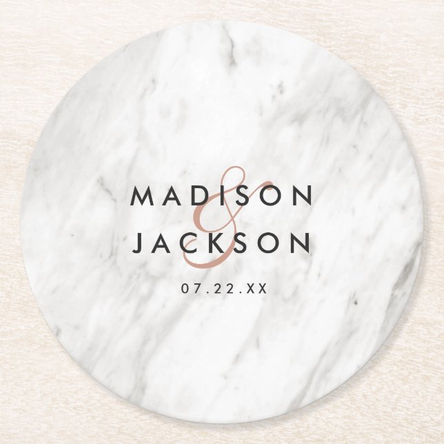 Dessous-de-verre Rond En Papier Marbre blanc & Rose Gold Wedding Réception (Devant)