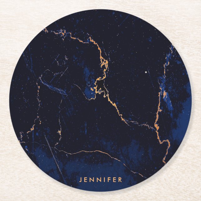 Dessous-de-verre Rond En Papier Marbre d'or de bleu marine (Devant)