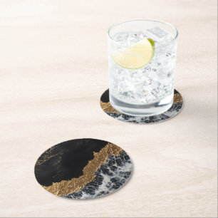 Dessous-de-verre Rond En Papier Marbre d'or noir