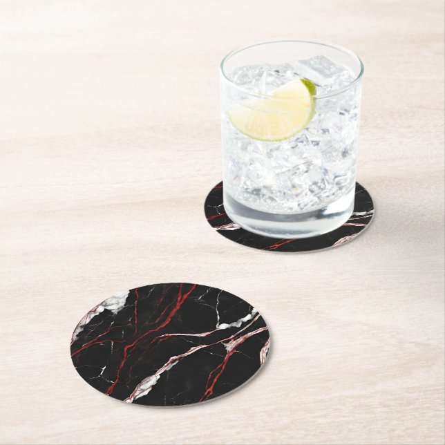 Dessous-de-verre Rond En Papier Marbre noir moderne (En situation)