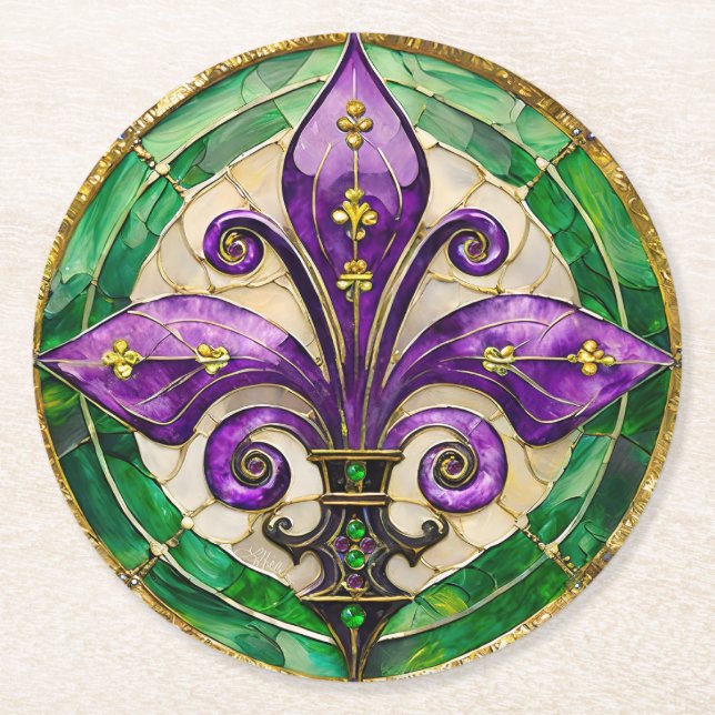 Dessous-de-verre Rond En Papier Mardi Gras Vitrail Fleur de lis (Devant)