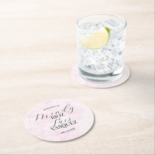 Dessous-de-verre Rond En Papier Mariage Abstrait Rose Script Noir