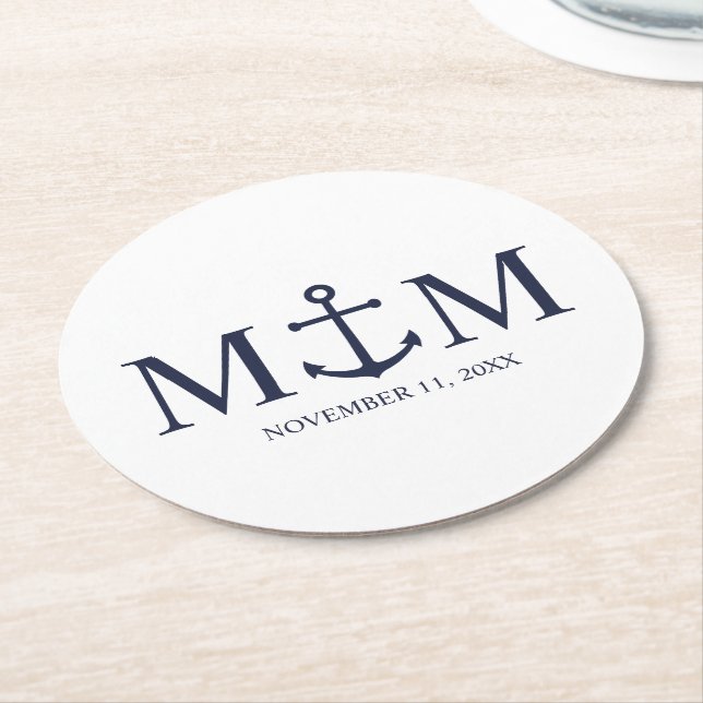 Dessous-de-verre Rond En Papier Mariage Ancre bleu marine (Incliné)