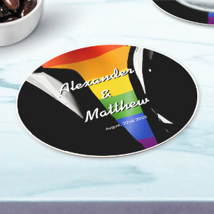 Dessous-de-verre Rond En Papier Mariage arc-en-ciel d'hommes gays modernes élégant
