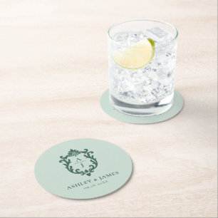 Dessous-de-verre Rond En Papier Mariage au blason orné vintage vert