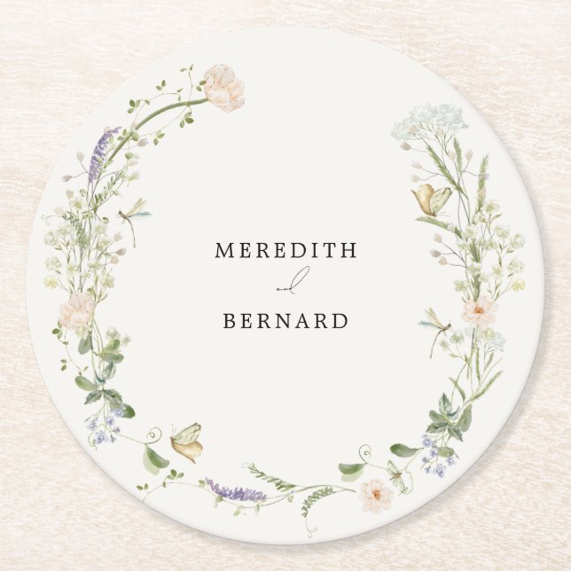 Dessous-de-verre Rond En Papier Mariage aux fleurs sauvages rustiques vintage (Devant)