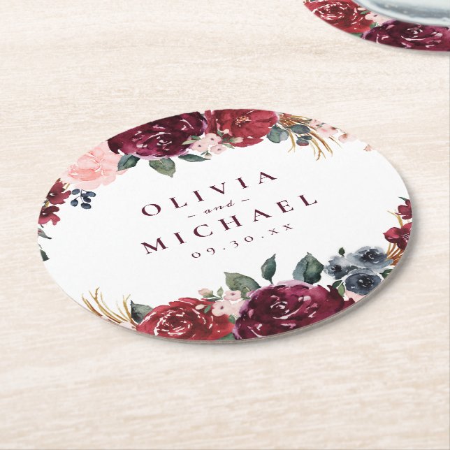 Dessous-de-verre Rond En Papier Mariage boho rustique bordeaux aquarelle (Incliné)