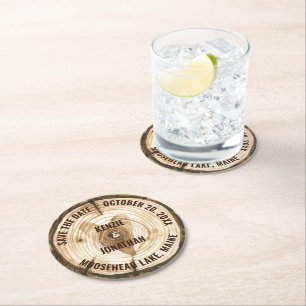 Dessous-de-verre Rond En Papier Mariage bois Enregistrer la date Arbre Anneau Coeu