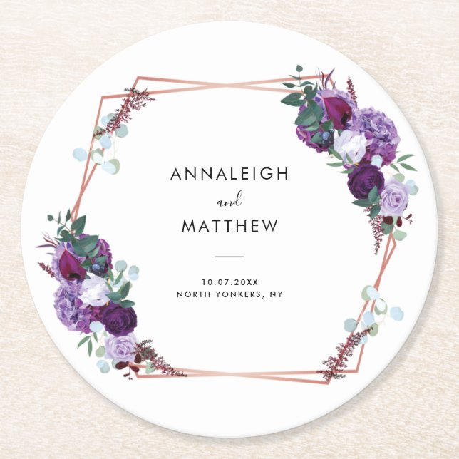 Dessous-de-verre Rond En Papier Mariage botanique fleuri pourpre favorise (Devant)