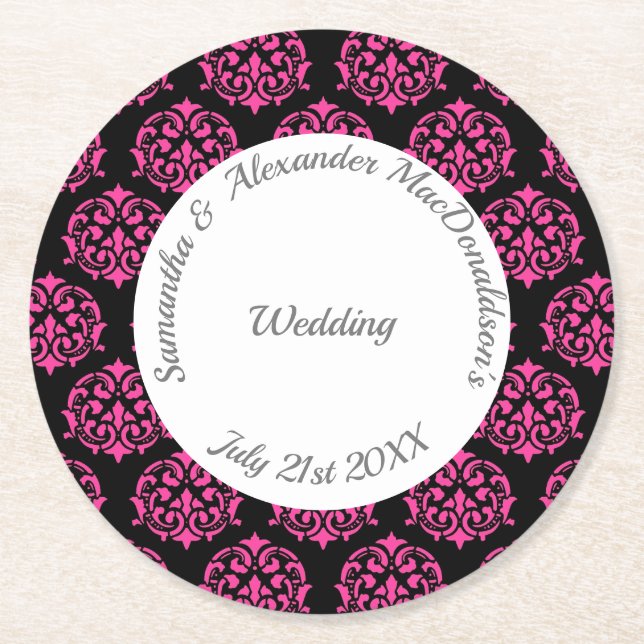 Dessous-de-verre Rond En Papier Mariage damassé rose et noir Fuchsia (Devant)
