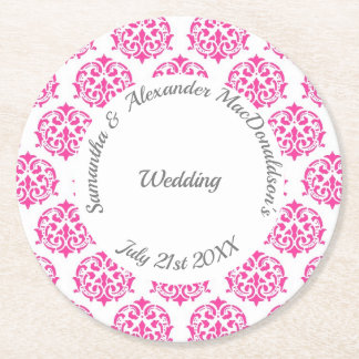 Dessous-de-verre Rond En Papier Mariage damassé rose Fuchsia