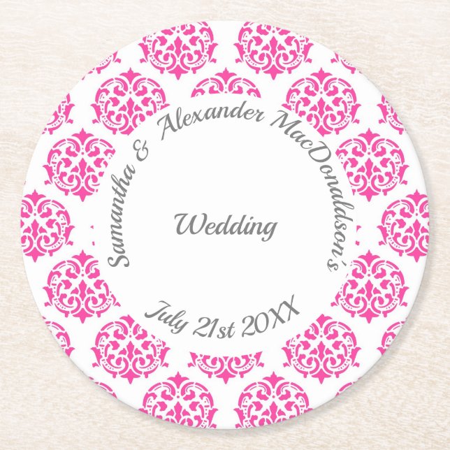 Dessous-de-verre Rond En Papier Mariage damassé rose Fuchsia (Devant)