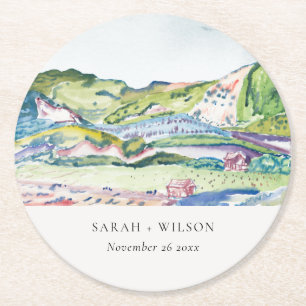 Dessous-de-verre Rond En Papier Mariage d'aquarelle vif Mountain Scape