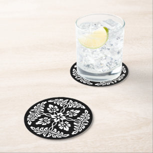 Dessous-de-verre Rond En Papier Mariage de design ornemental Vintage noir et blanc