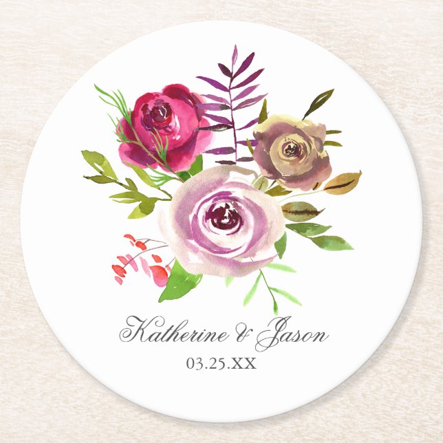 Dessous-de-verre Rond En Papier Mariage de jardin romantique floral rose fuchsia (Devant)