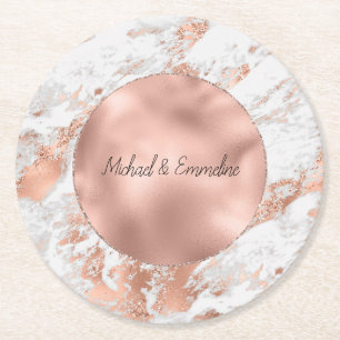Dessous-de-verre Rond En Papier Mariage de Marbre blanc rose Gold Glitz