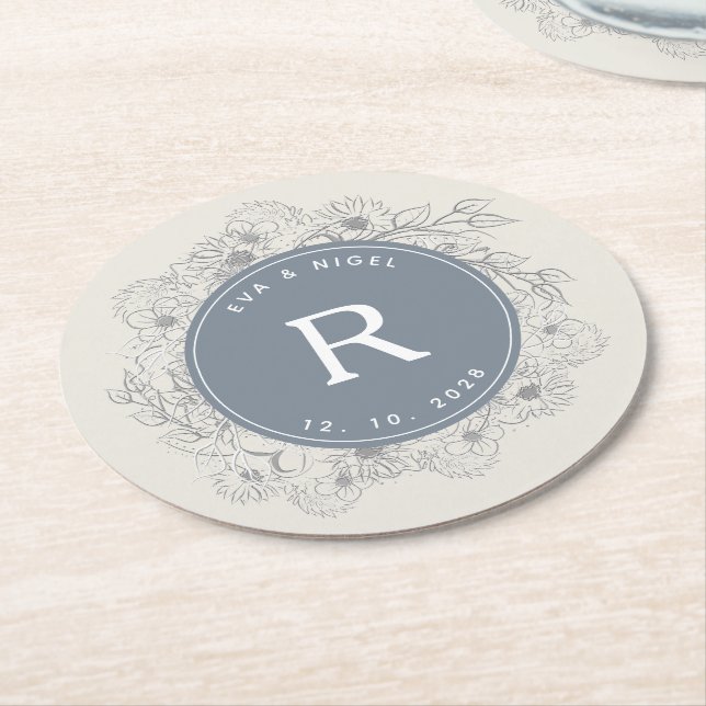 Dessous-de-verre Rond En Papier Mariage de monogramme bleu foncé (Incliné)