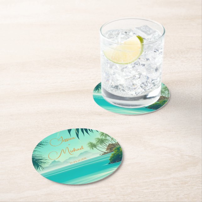 Dessous-de-verre Rond En Papier Mariage de plage personnalisé Faveur Keepsaké (En situation)