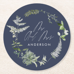 Dessous-de-verre Rond En Papier Mariage de script botanique moderne bleu marine