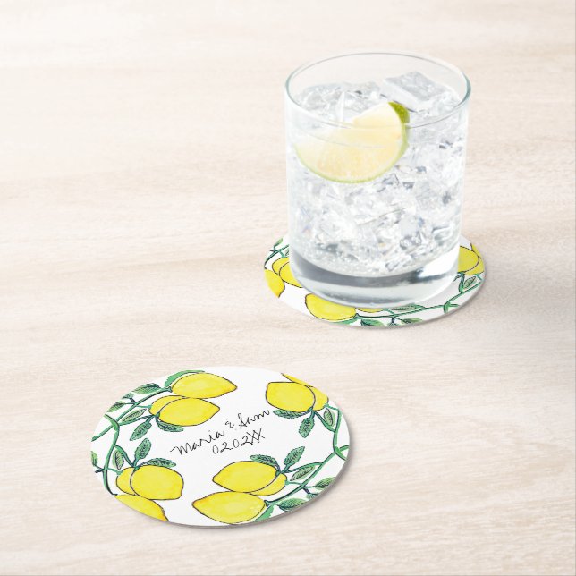 Dessous-de-verre Rond En Papier Mariage de script Citrus d'aquarelle (En situation)
