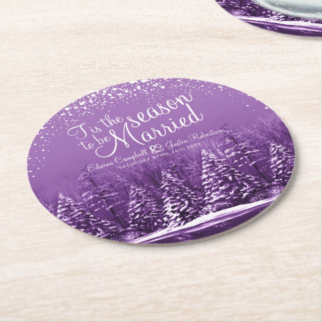 Dessous-de-verre Rond En Papier Mariage d'hiver pins lac violet art (Incliné)