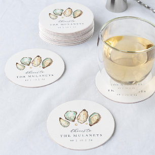 Dessous-de-verre Rond En Papier Mariage d'huîtres d'aquarelle côtière