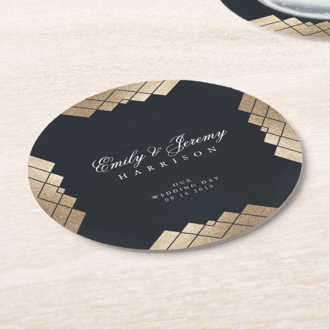 Dessous-de-verre Rond En Papier Mariage d'or géométrique Dark Navy (Incliné)