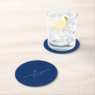 Dessous-de-verre Rond En Papier Mariage Élégant Bleu Marine et Crème Classique