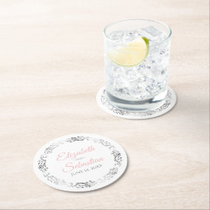 Dessous-de-verre Rond En Papier Mariage Élégant Floral Filigrane Rose et Gris