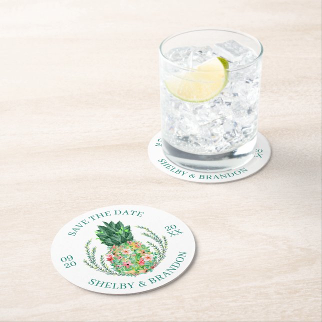 Dessous-de-verre Rond En Papier Mariage ENREGISTRER LA DATE Ananas Floral Tropical (En situation)