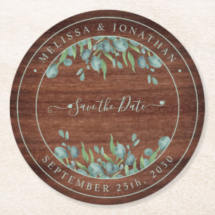 Dessous-de-verre Rond En Papier Mariage Eucalyptus Rustique Bois Enregistrer La Da
