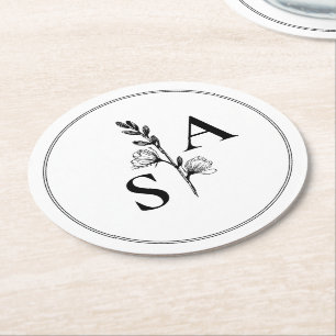 Dessous-de-verre Rond En Papier Mariage Fleur sauvage minimaliste BW Monogram
