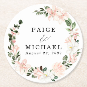 Dessous-de-verre Rond En Papier Mariage Floral Blanc Rose Bohème Rustique