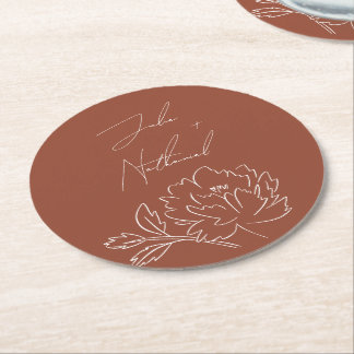 Dessous-de-verre Rond En Papier Mariage floral bohème Terracotta orange brûlé