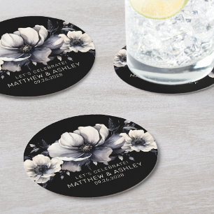 Dessous-de-verre Rond En Papier Mariage floral noir blanc élégant