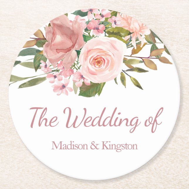 Dessous-de-verre Rond En Papier Mariage Floral rose Gold & Blush (Devant)