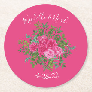 Dessous-de-verre Rond En Papier Mariage floral rose vif