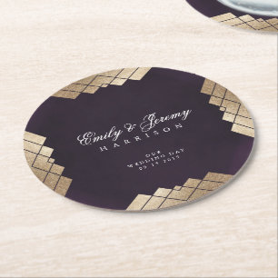 Dessous-de-verre Rond En Papier Mariage Gatsby d'or violet géométrique