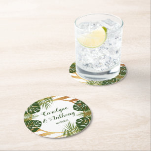 Dessous-de-verre Rond En Papier Mariage Gold Foil & Green Palm Leaf Beach