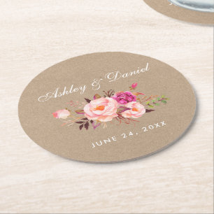 Dessous-de-verre Rond En Papier Mariage Kraft Floral Aquarelle Rose